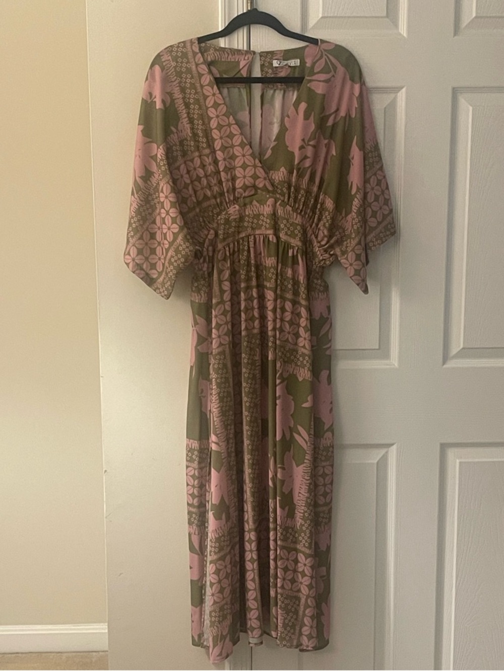 Zele Pink and Olive Floral Wrap Maxi Dress